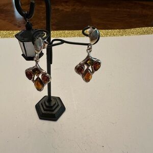Silver and Orange Dangle Earrings with Crystal Beads